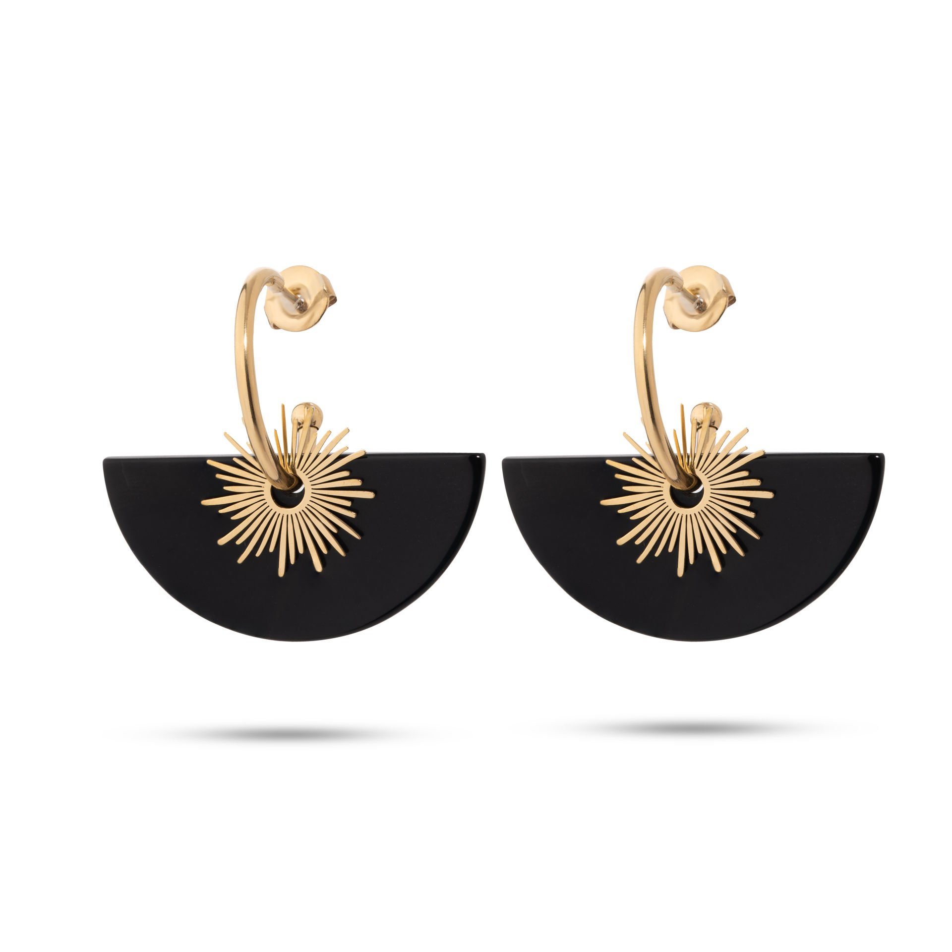 Jiji Gold Siyah Doğal Taşlı Altın Kaplama Çelik Kadın Küpe