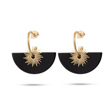 Jiji Gold Siyah Doğal Taşlı Altın Kaplama Çelik Kadın Küpe